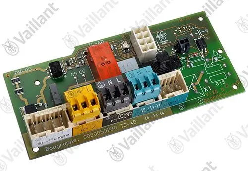 Leiterplatte von Vaillant mit verschiedenen Steckverbindern, Schaltkreisen und einem Relais. Die Platine scheint Teil eines Heizungs- oder Thermoregulationssystems zu sein.